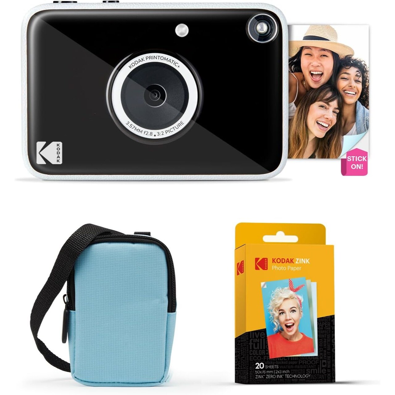 Kodak Printomatic+ Instant Print Digital Camera Starter Bundle + Carrying Case + Zink 20pk Sticky-Back Photo Paper - 10MP, Full-Color Photos, RGB LED Status Indicator